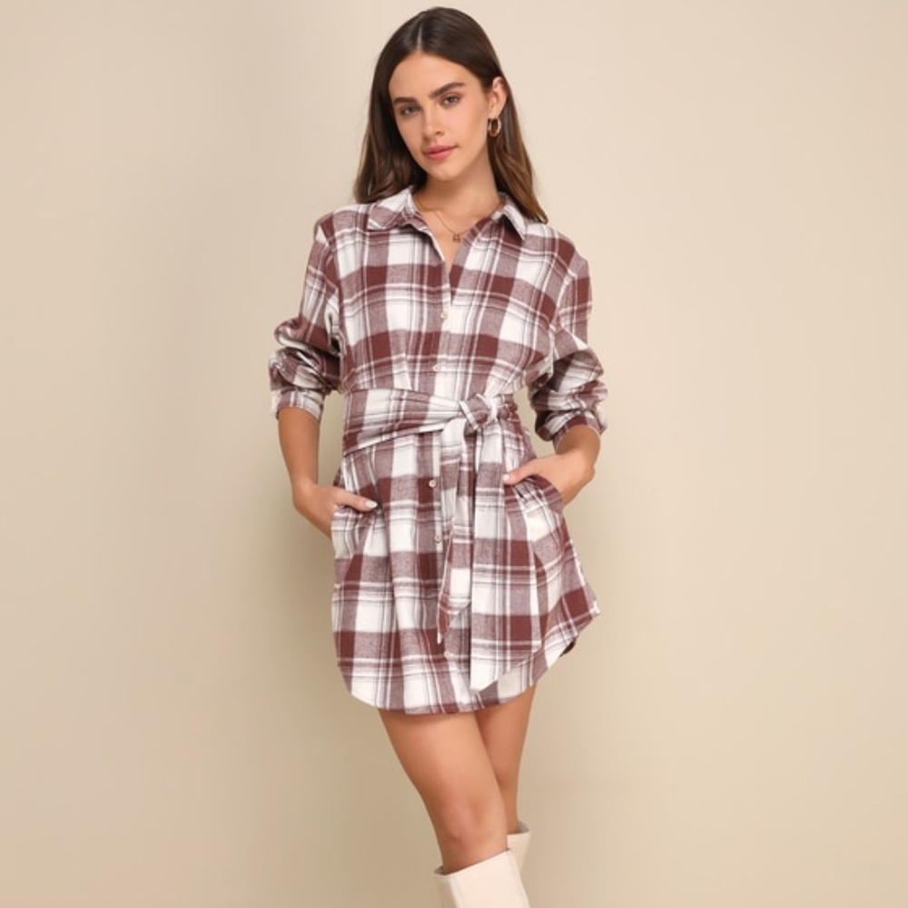 Lulus Charming Season Burgundy Plaid Mini Dress With Pockets Red - Size S